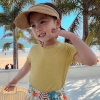 Ice silk short-sleeved T-shirt, new Korean version, girls and babies, versatile summer clothes, striped, stylish, fungus-edged tops for children and middle-aged children  Yellow