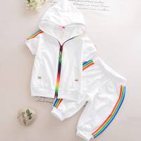 Korean style new sports suit for boys and girls, summer short-sleeved baby hooded zipper shirt, black and white two-piece suit trendy  White