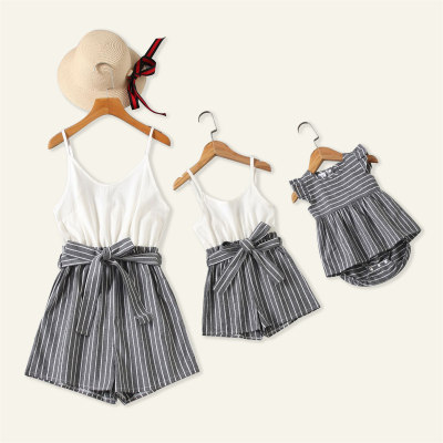 Mom Baby Clothes Casual Stripe Pattern Print Sling Jumpsuit