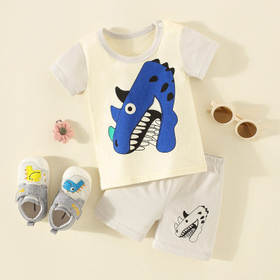 Toddler Boy Dinosaur Cartoon Color-block Top & Shorts Pajamas Sets