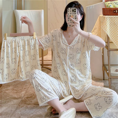 Conjunto de pijama feminino com estampa de coelho de três peças