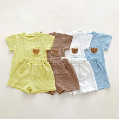 Traje de pantalones cortos de manga corta para niños y niñas, traje informal fino de dos piezas con oso para bebé, verano