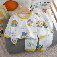 Calças de manga comprida para crianças de verão conjunto de roupas para casa roupa íntima de algodão bebê pijama fino  Amarelo