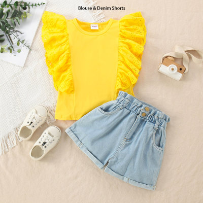 2-piece Kid Girl Solid Color Ruffled Sleeveless Blouse & Denim Shorts