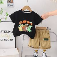 New style boy short-sleeved suit baby summer casual cartoon T-shirt boy casual shorts two-piece suit fashion  Black