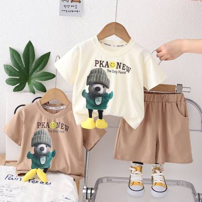 New summer style for small and medium-sized children, thin style, street-blasting three-dimensional bear short-sleeved suit with hat, fashionable boy summer short-sleeved suit