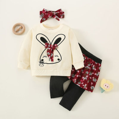 Baby Girl Cute Rabbit Print Bow Long Sleeve Sweatshirt Set