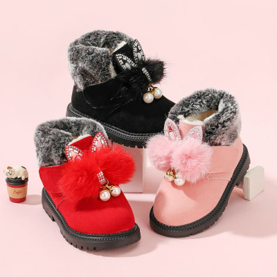 Toddler Girl Solid Color Pom Pom Decor High-top Wool-line Velcro Boots