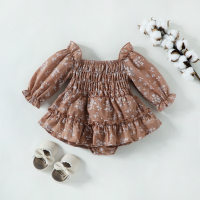 Cross-border autumn children's clothing Amazon European and American style infant girls' floral off-the-shoulder skirts and tunics  Brown
