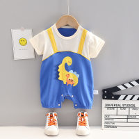 Summer baby jumpsuit cotton cartoon dinosaur half-sleeved crawling suit 0-1 year old baby patchwork short-sleeved jumpsuit  Blue