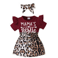 Baby short-sleeved dress baby new leopard print patchwork skirt headscarf two-piece set  Red