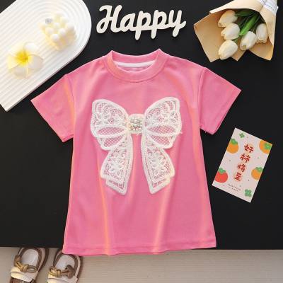 Summer Korean style girls' dress, new style, cute and fashionable lace bow short-sleeved dress for infants and young children, trendy
