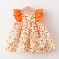 1395 Kinderrock Großhandel Kinder Sommer neues Produkt Baby Mädchen Kleid mit fliegenden Ärmeln Prinzessinnenrock wird mit Bambuskorb-Umhängetasche geliefert  Orange