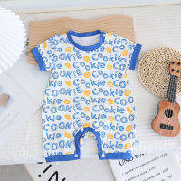 Baby summer jumpsuit, cute cartoon printed short-sleeved romper, baby loose and stylish baby short-sleeved crawling suit  Light Blue