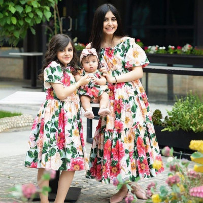 Sweet Floral Print Puff Sleeve Long Dress for Mom and Me