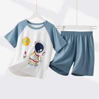 Traje de dos piezas de moda de nuevo estilo para niños y niños de mediana edad, pantalones cortos, ropa de hogar y pijamas.  Azul