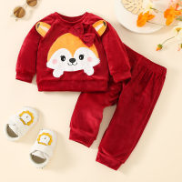 2-piece Baby Girl Solid Color Fox Style Long Sleeve Plush Top & Solid Color Pants  Burgundy