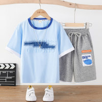 2-piece Kid Boy Letter Printed Short Sleeve T-shirt & Matching Shorts  Light Blue