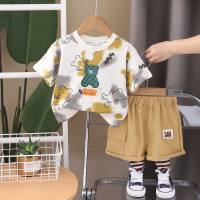 Boys summer suits 2024 new children's casual clothes contrasting color printing baby boy summer short-sleeved two-piece suit  Yellow