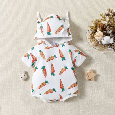 Infants and toddlers Easter carrot print romper cute bunny ears hooded triangle romper summer factory direct sale
