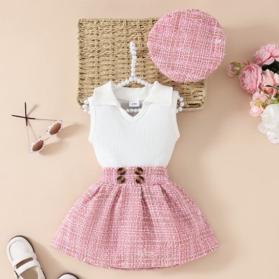 Baby Fashionable Lapel Sleeveless Top Skirt + Beret Set