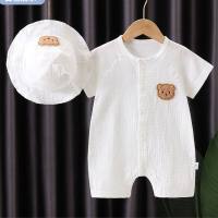 Baby summer clothes thin jumpsuit newborn clothes for men and women baby pure cotton outdoor crawling clothes with hat  White