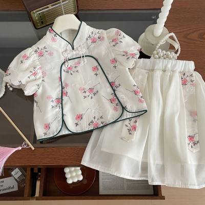 فستان بناتي من Hanfu بدلة مكونة من قطعتين صيف 2024 بدلة جديدة للأطفال على الطراز الصيني على الطراز الوطني بدلة تنورة شيونغسام على الطراز الغربي
