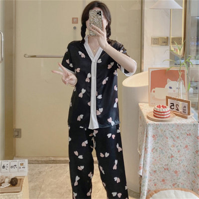 Conjunto de pijama feminino com estampa de seda gelada de 2 peças