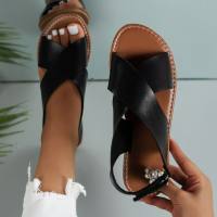 Sandálias planas com alça cruzada de tamanho grande para mulheres estilo retrô listras largas sandálias de praia de dedo aberto  Preto