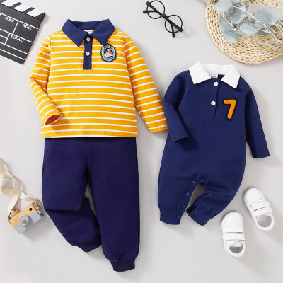 hibobi ✖ PAW Patrol Brother and Sister Striped Cartoon Pattern Long Sleeve Polo Shirt & Solid Color Pants & Matching Long-sleeved Long-leg Romper