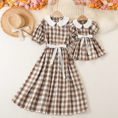 Mom Baby Clothes Color-block Plaid Bowknot Decor Shirt Collar Dress