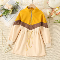 Kid Girl Color-block Stand Up Collar Drawstring Long Sleeve A-line Dress  Apricot