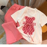 Girls suit summer cartoon print T-shirt flared pants baby stylish two-piece suit  Pink