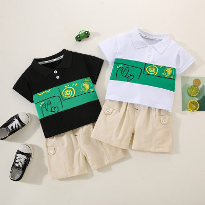 2-piece Toddler Boy Color-block Cartoon Printed Short Sleeve Top & Solid Color Shorts