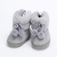 Baby Girl Solid Color Non-slip Soft ETC Soles High-top Pom Pom Cotton-padded Lace-up Shoes  Gray