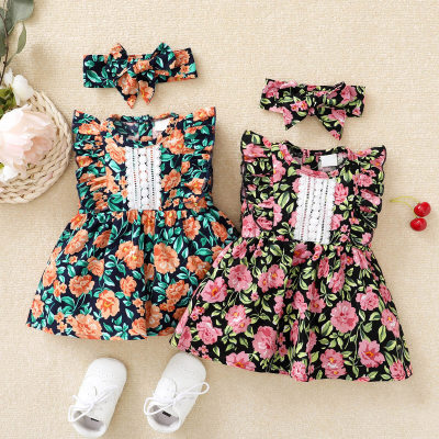 Baby Girl Ruffle Floral Print Dress Diadema de dos piezas