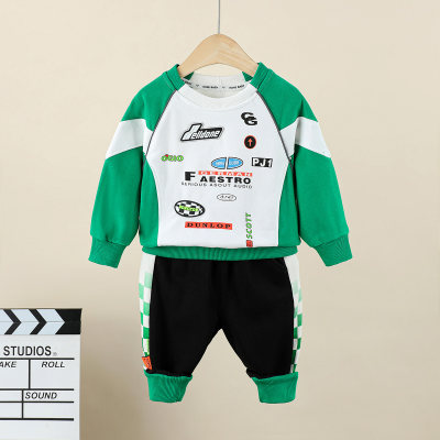 2-piece Toddler Boys Letter Vehicle Printed Patchwork Long Sleeve Top & Gradient Color-block Pants