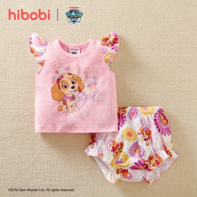 hibobi×PAW Patrol Baby Girl Conjunto de camiseta y pantalones de algodón de manga corta con estampado de dibujos animados y volantes