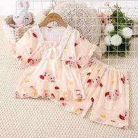 2-piece Kid Girl Floral Pattern Lace Spliced Square Neck Short Sleeve Top & Matching Shorts  Apricot