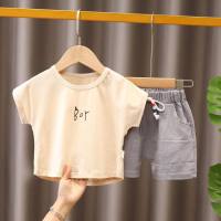 Boys short-sleeved suit pure cotton half-sleeved summer suit summer baby children 1 year old 3 baby Internet celebrity two-piece set trendy  Khaki