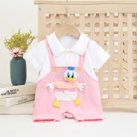 Summer baby jumpsuit cotton cartoon dinosaur half-sleeved crawling suit 0-1 year old baby patchwork short-sleeved jumpsuit  Pink