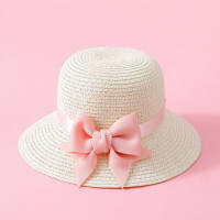 قبعة من القش مزينة بفيونكة من الكتان للفتيات وحقيبة صغيرة متطابقة  أبيض