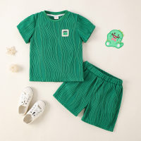 Camiseta de manga corta texturizada de color sólido para niños pequeños de 2 piezas y pantalones cortos a juego  Verde