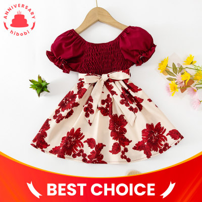 Toddler Girl Floral Bowknot Decor Smocking Puff Sleeve Dress