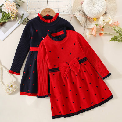 Toddler Girl Allover Heart Pattern Bowknot Decor Long Sleeve Knitted Dress