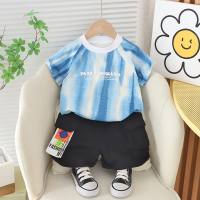New style summer suit for baby boys, stylish one-year-old boy, summer handsome short-sleeved bamboo cotton print two-piece suit  Blue