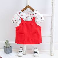 Children's suit for girls, cherry print overalls skirt, two-piece suit, summer fashion  Red