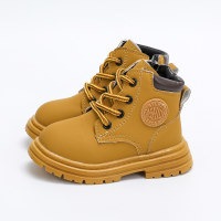 Toddler PU Leather Solid Color Letter Pattern Lace-up Booties  Yellow
