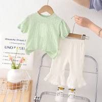 Vêtements pour enfants filles vêtements d'été T-shirt à manches bouffantes à manches courtes costume doux bébé 0-4 ans ensemble deux pièces en gros  vert