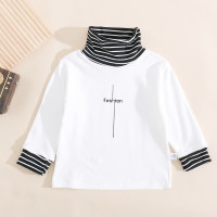 Toddler Boy Plaid Patchwork Letter Printed Turtle Neck Long Sleeve Top  White